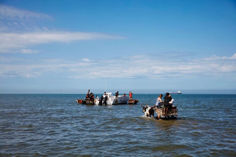 Ochsenkarren in Wasser um Menschen zum Boot zu bringen
